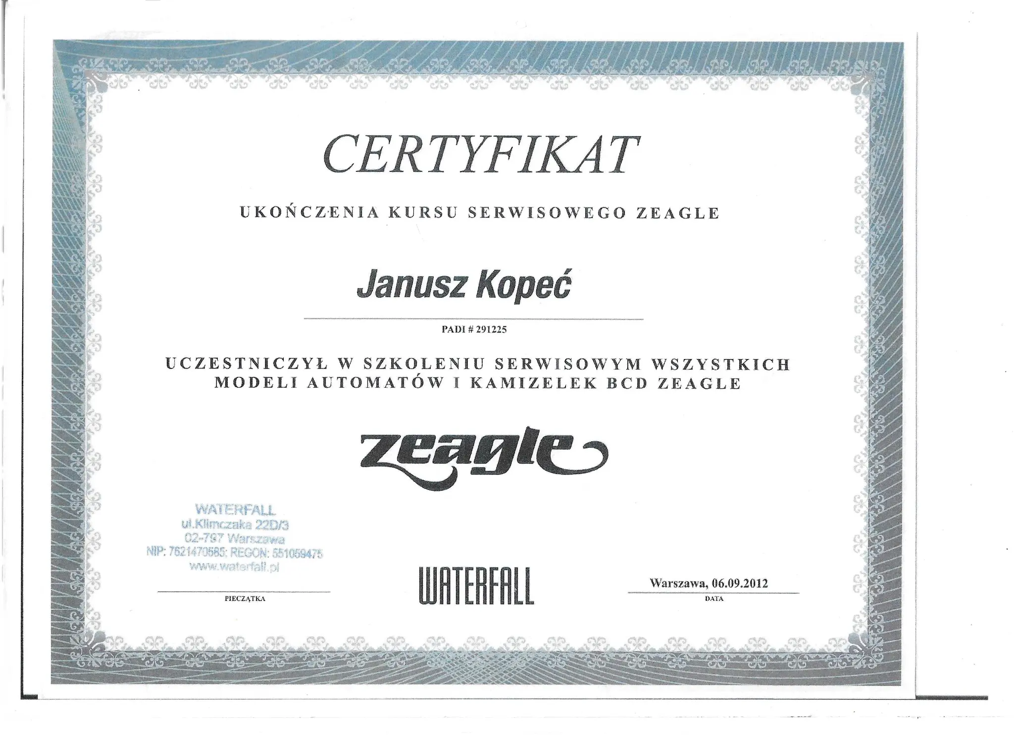 Certyfikat Serwisowy Zeagle